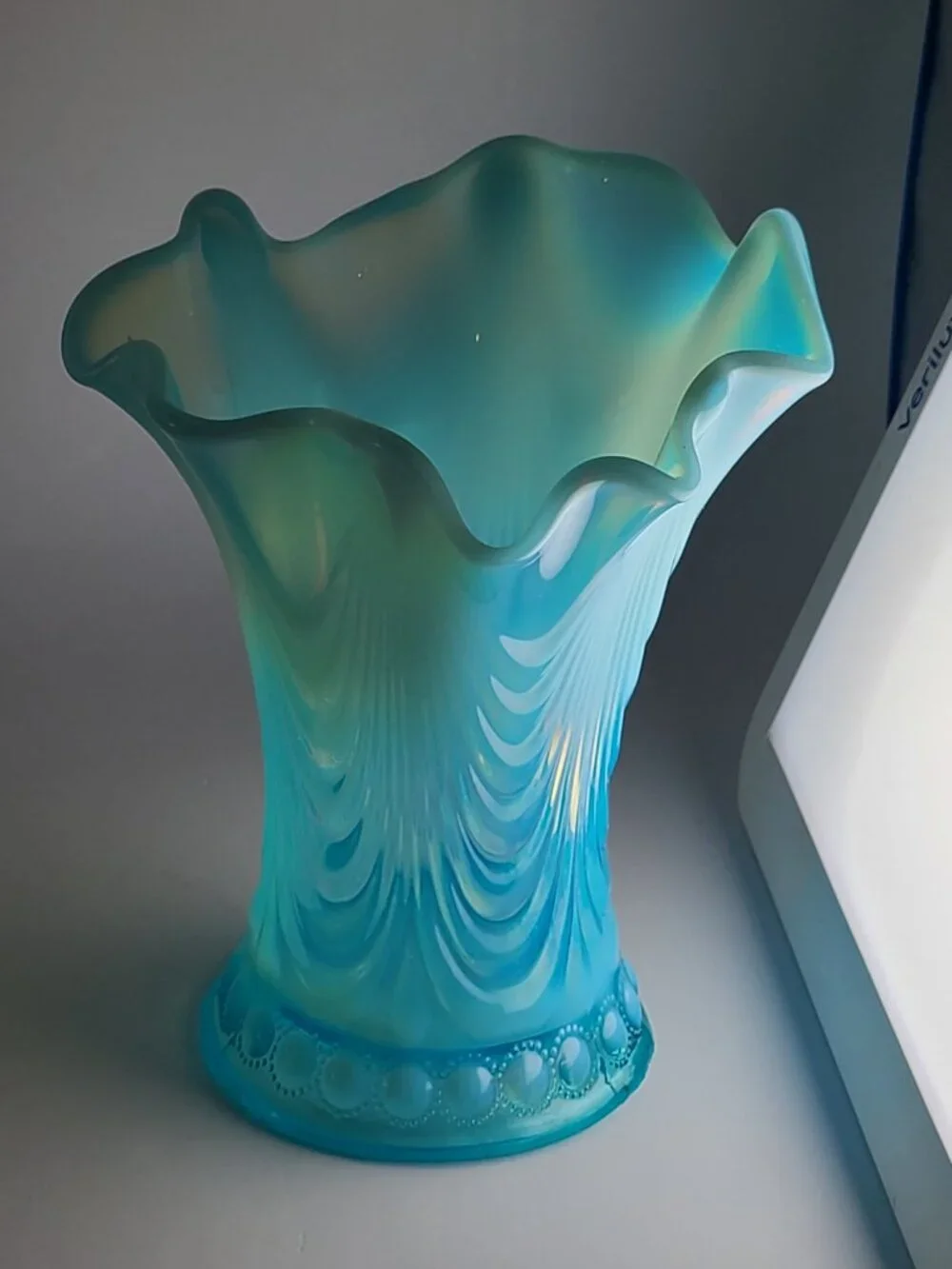 Antique Northwood Jewel & Drapery Swung Vase Blue Opalescent Glass 7